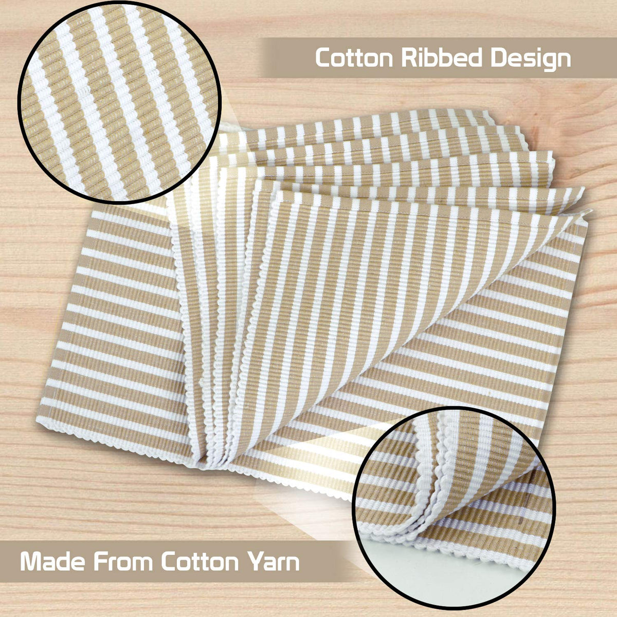 Ribbed Cotton Heat Resistant Dining Table Mat, Brown Striped