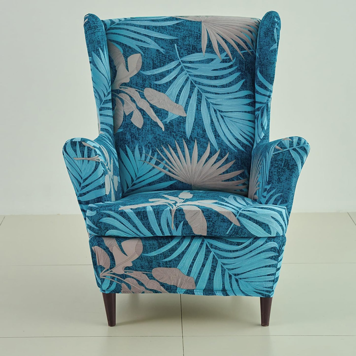 Stretchable 140 GSM Wing Chair Cover, Sea Blue Tropical Leaves
