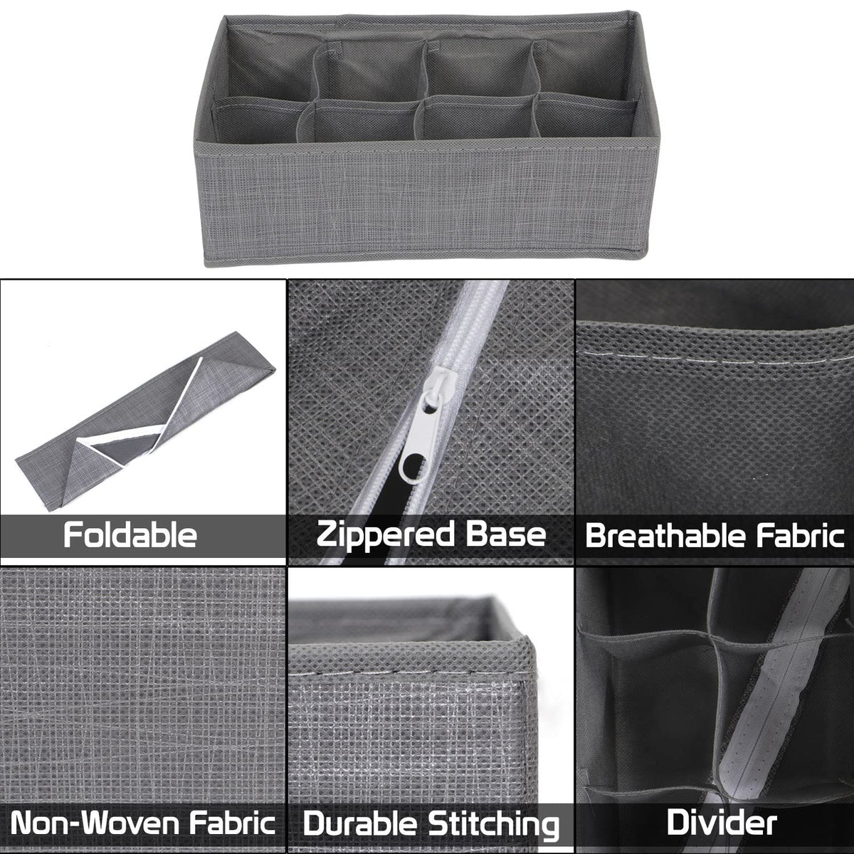 Non-Woven Fabric Undergarment Organizer Storage Box For Drawers Bra Panty Socks Tie Lingerie Organizer For Wardrobe, Grey