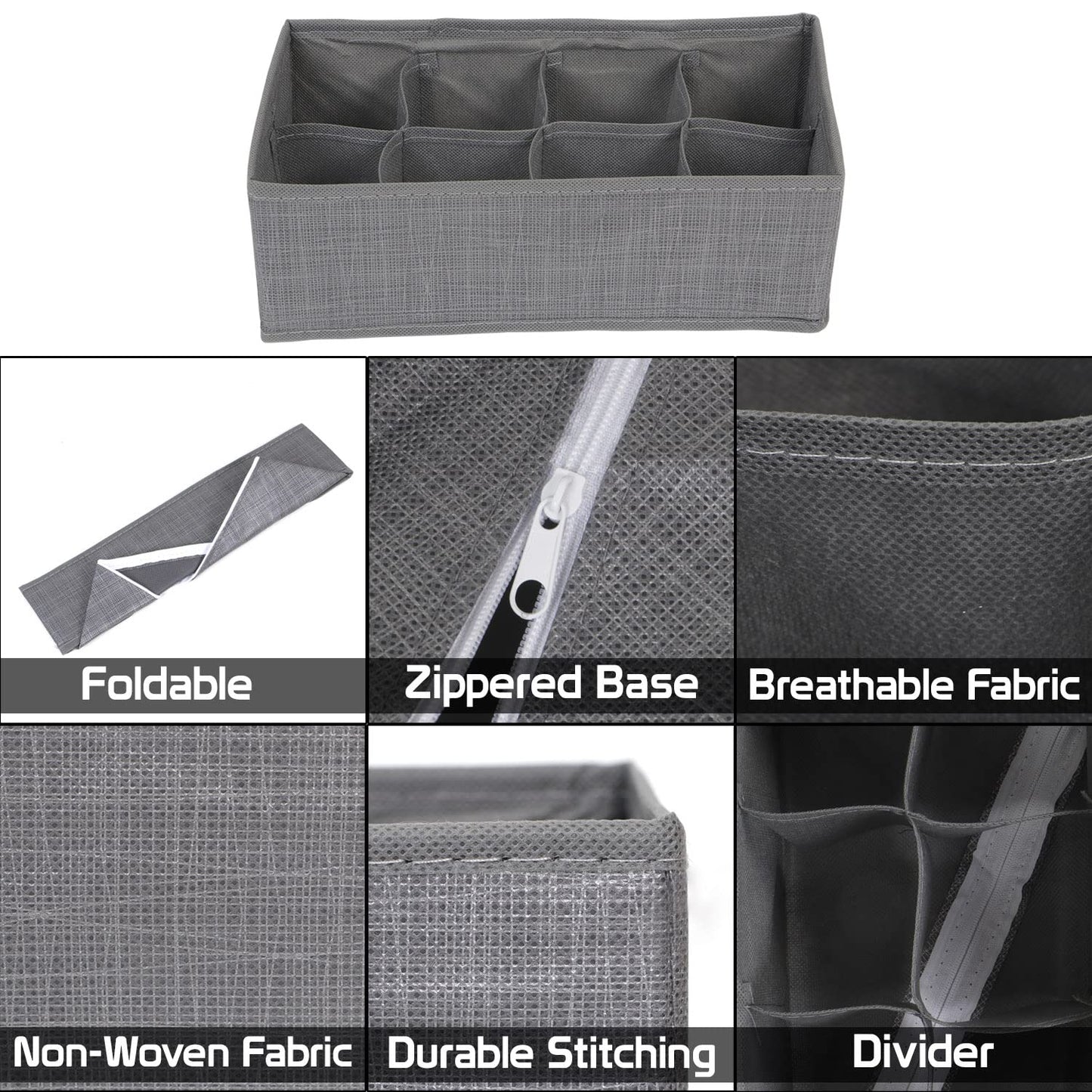 Non-Woven Fabric Undergarment Organizer Storage Box For Drawers Bra Panty Socks Tie Lingerie Organizer For Wardrobe, Grey