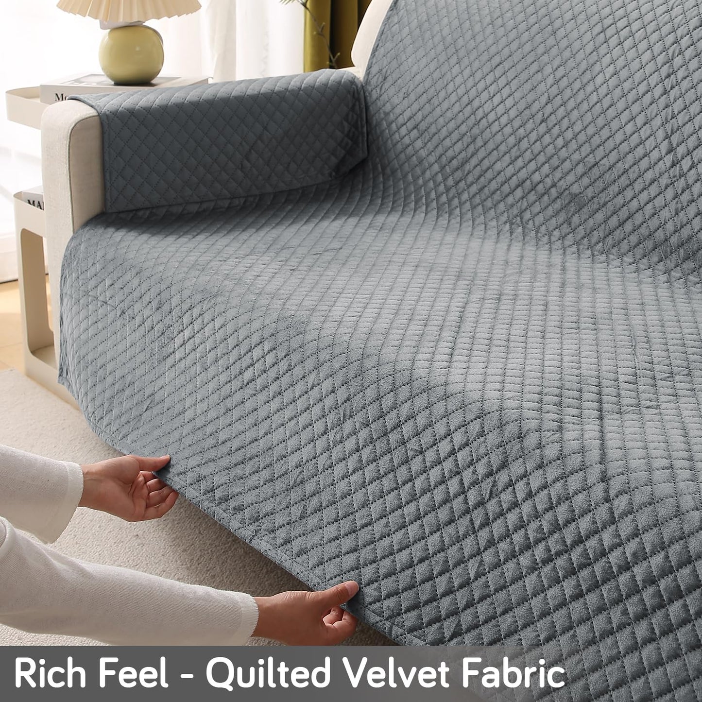 Quilted Velvet Sofa Cover Mat with Side Pockets, Pet Friendly, Fossil Grey