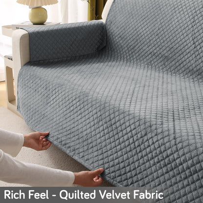 Quilted Velvet Sofa Cover Mat with Side Pockets, Pet Friendly, Fossil Grey