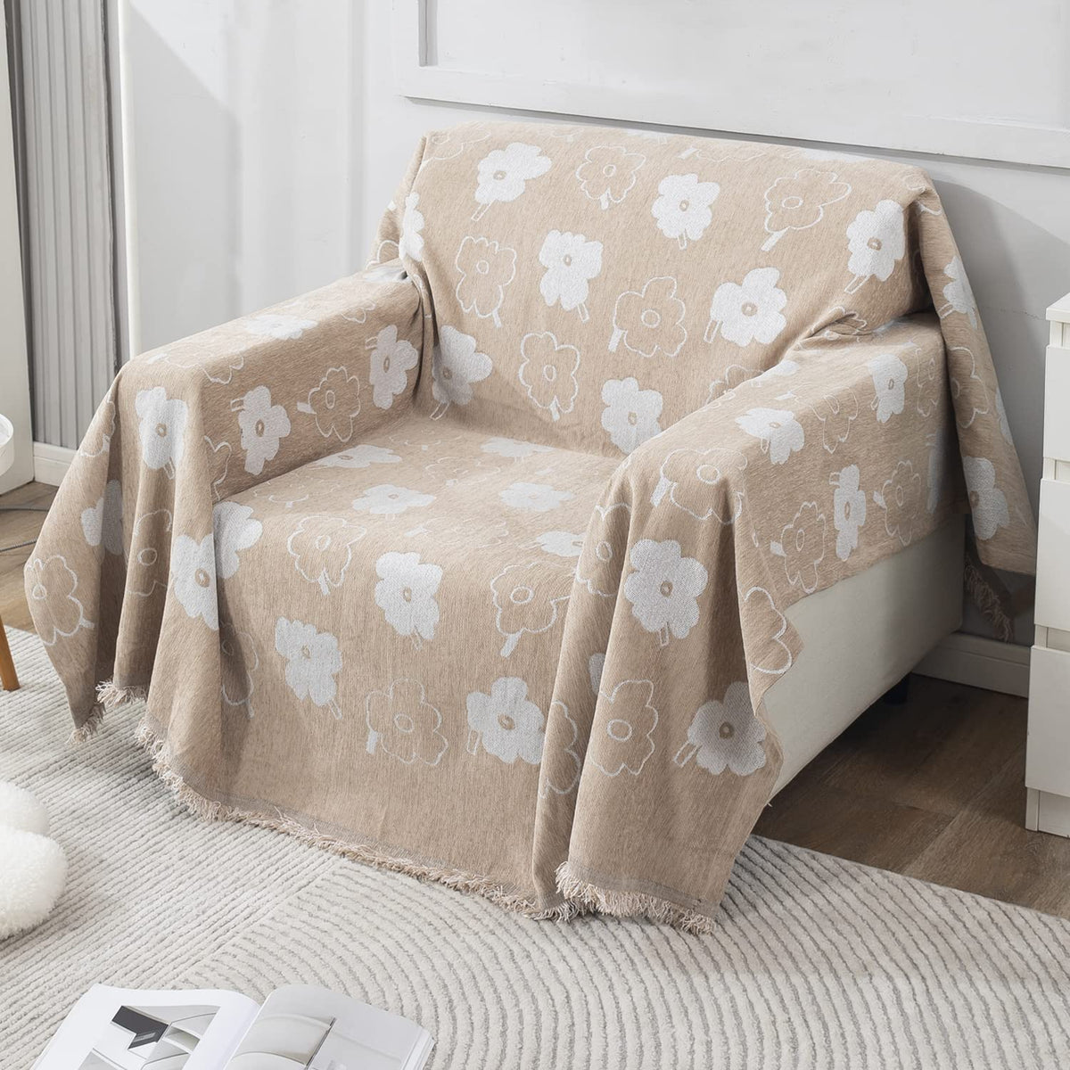 Beige Floral, Thick, Soft and Pet Friendly Chenille Sofa Cover Throw