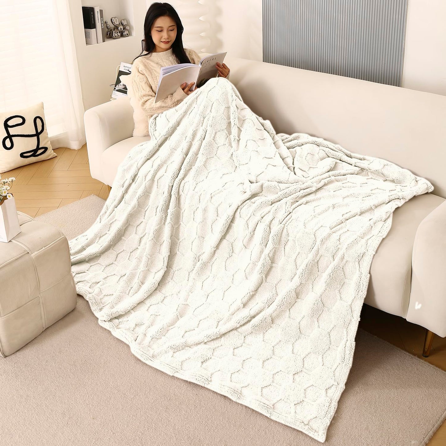 220 GSM Flannel AC Throw Blanket Double Bed Queen, 200x230 cm / 6.5x7.5 feet, Cream