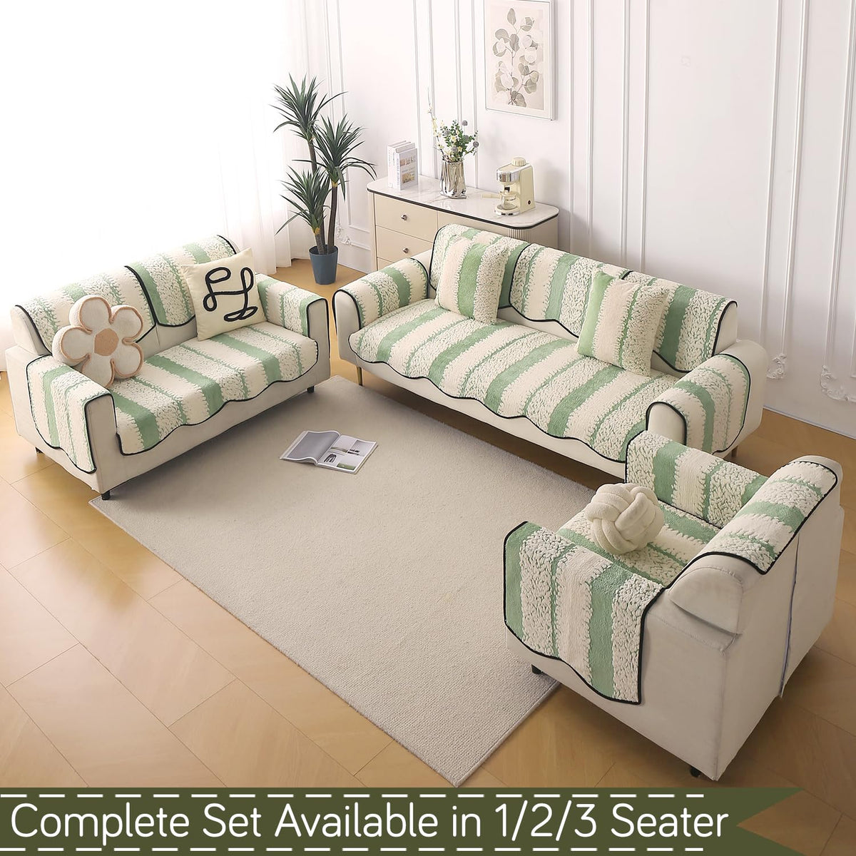 Luxury Sofa Cover Set | Seat, Back & Arm Covers | Anti-Slip Wavy Mat – Pistachio Green