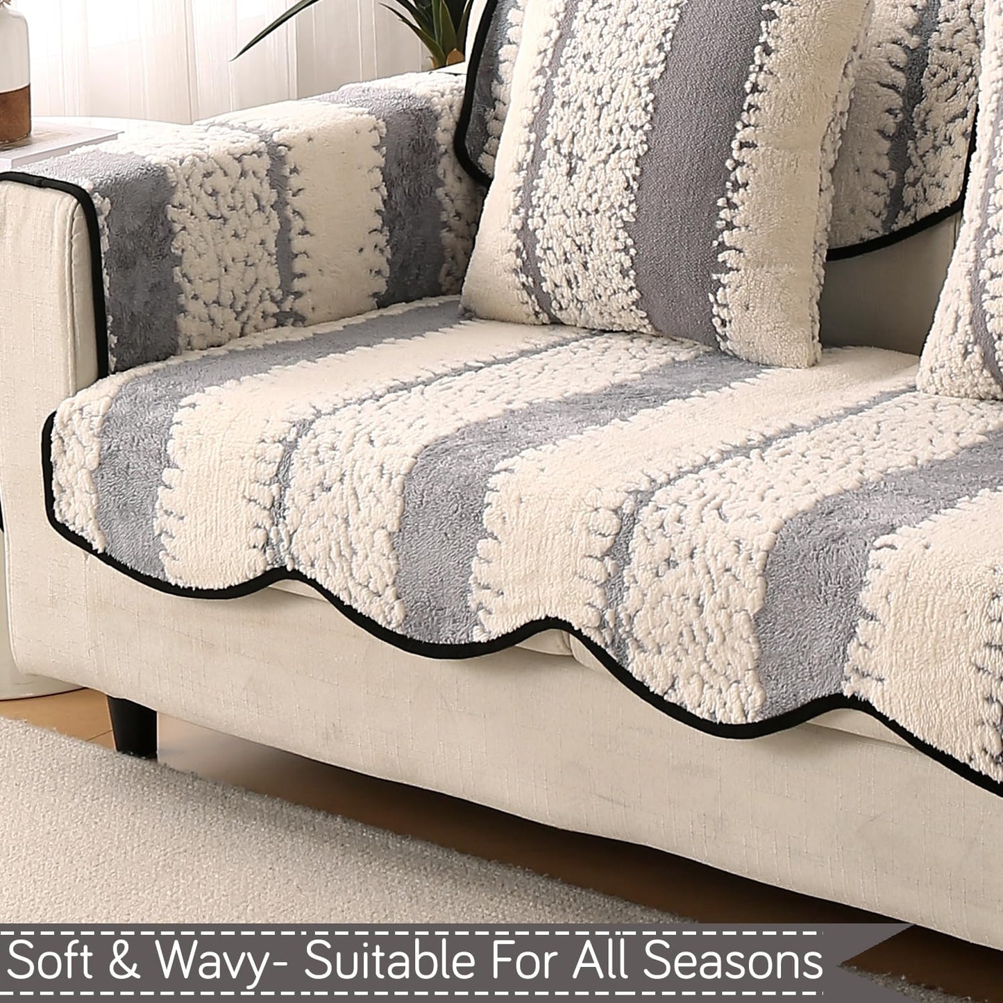 Luxury Sofa Cover Set | Seat, Back & Arm Covers | Anti-Slip Wavy Mat – Pewter Grey