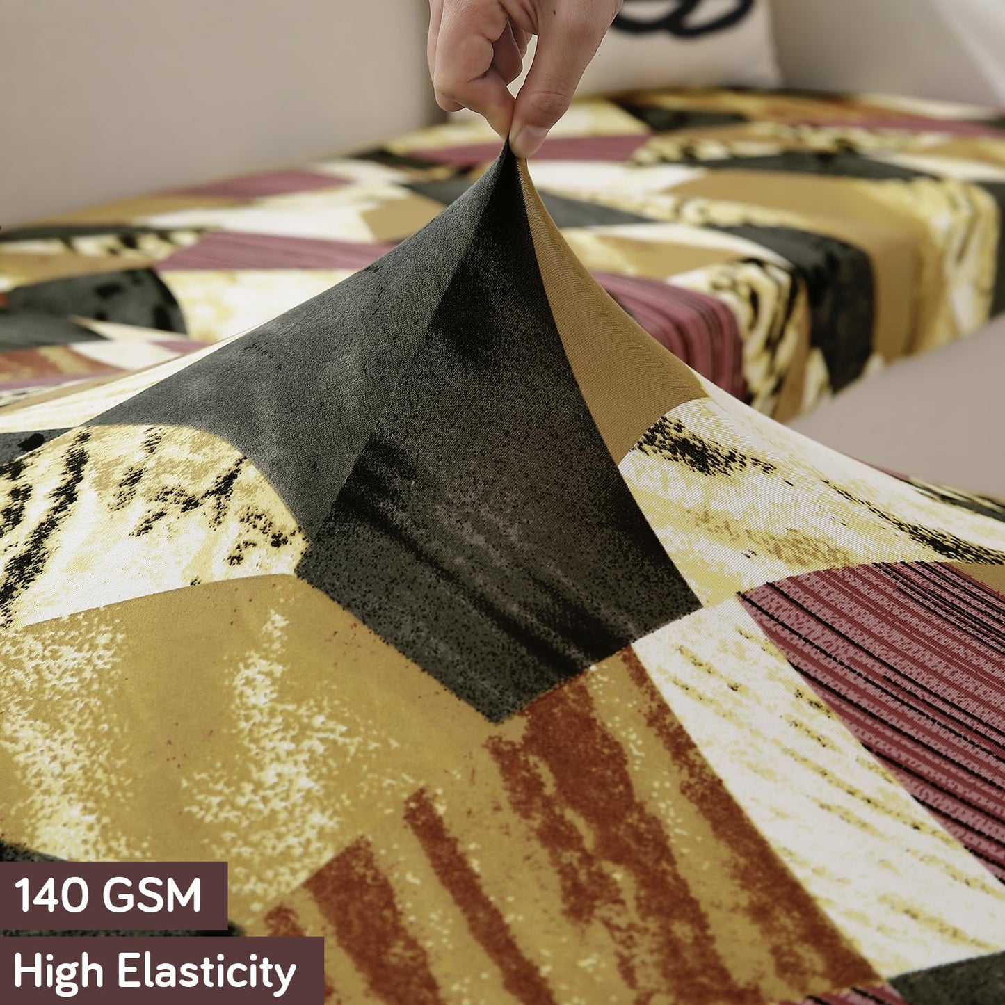 140 GSM Stretchable Printed Elastic Sofa Cushion Seat Cover for 1 /2 /3 Seaters / Pieces for Sofa, Wine Abstract Geometry