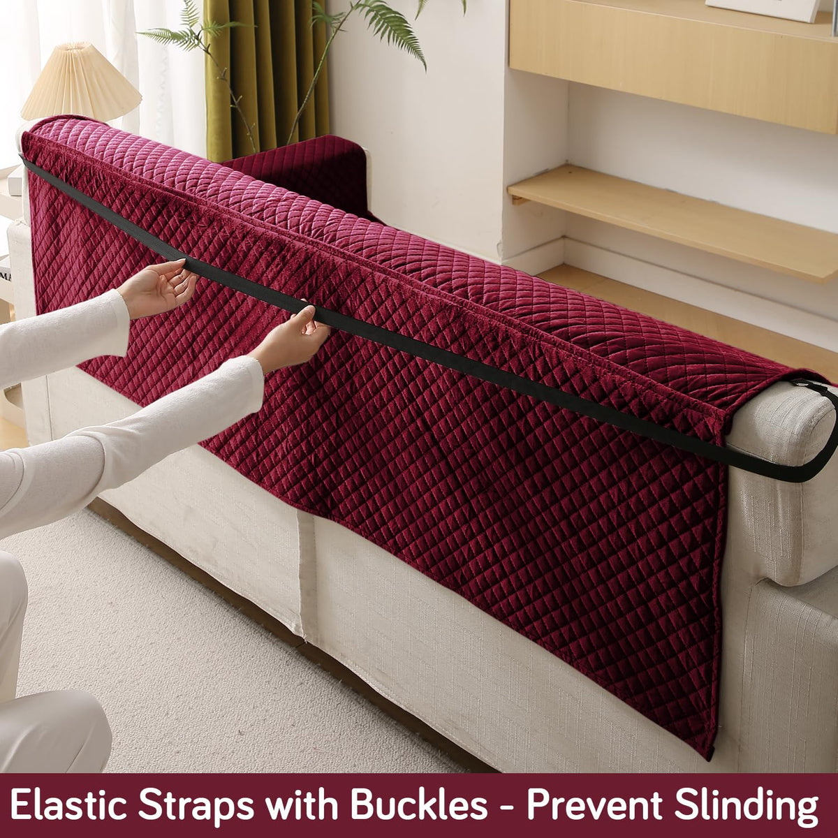 Quilted Velvet Sofa Cover Mat with Side Pockets, Pet Friendly, Sangria Red