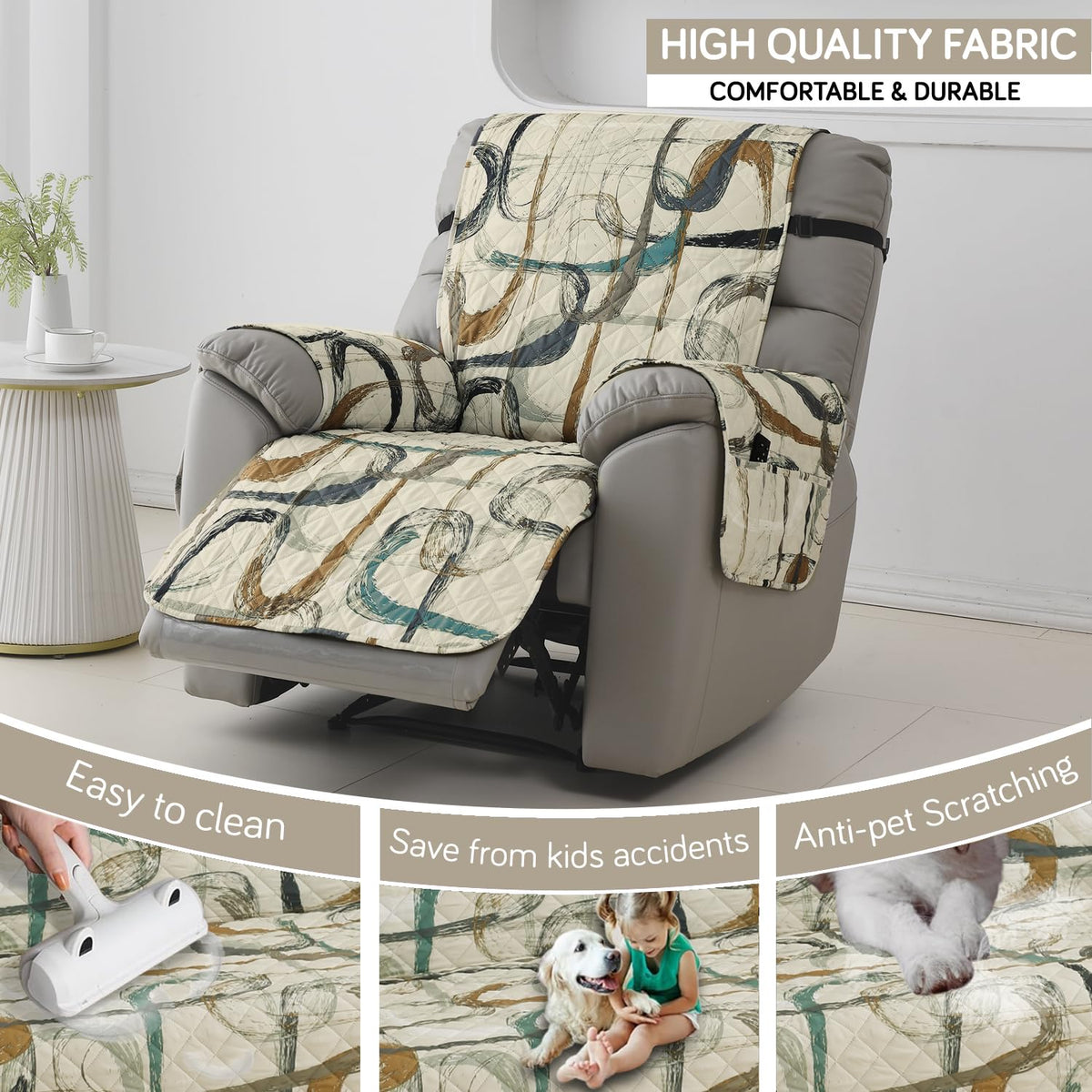 Quilted Recliner Water Repellent & Waterproof Cover for Small / Large - Parchement Beige Abstract Art