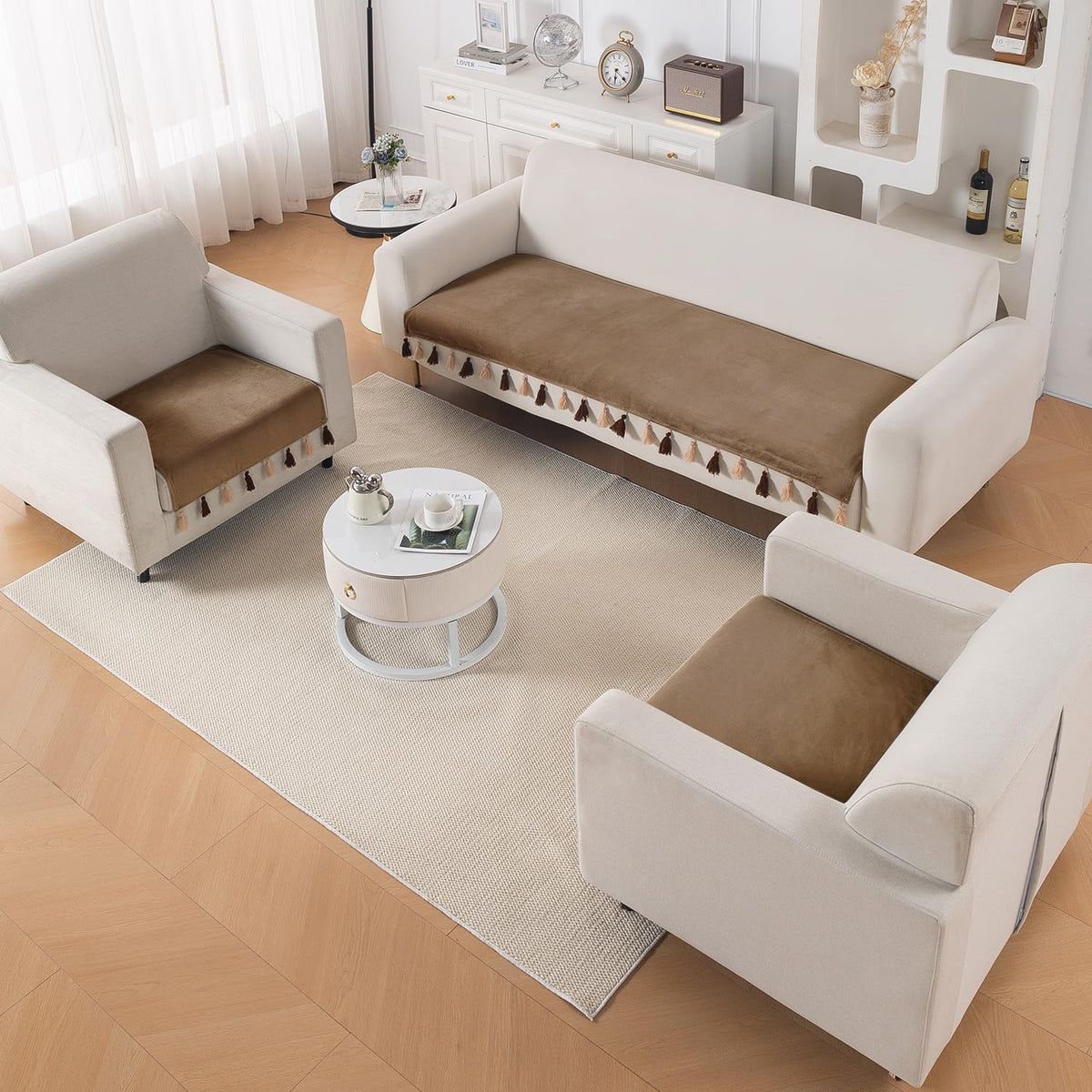 Premium Holland Velvet 5-Seater Sofa Cover (3+1+1), TasselTone Series | Warm Taupe