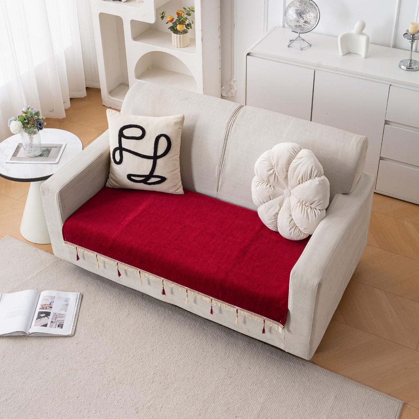 Serenity Tassel Chenille Sofa Cover with Tassel – Crimson Ruby