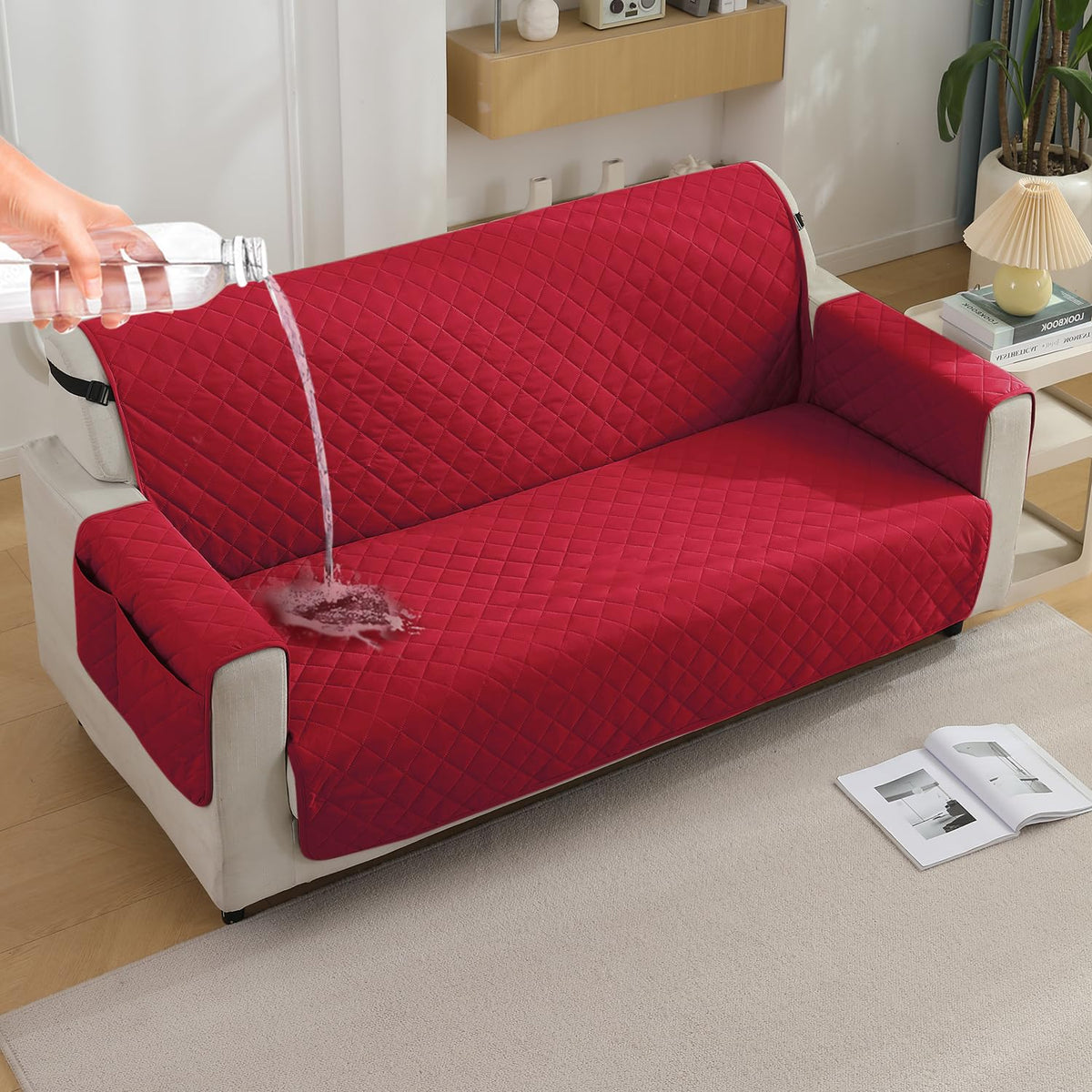 Red colour 2 seater quilted waterproof sofa mat | Hokipo