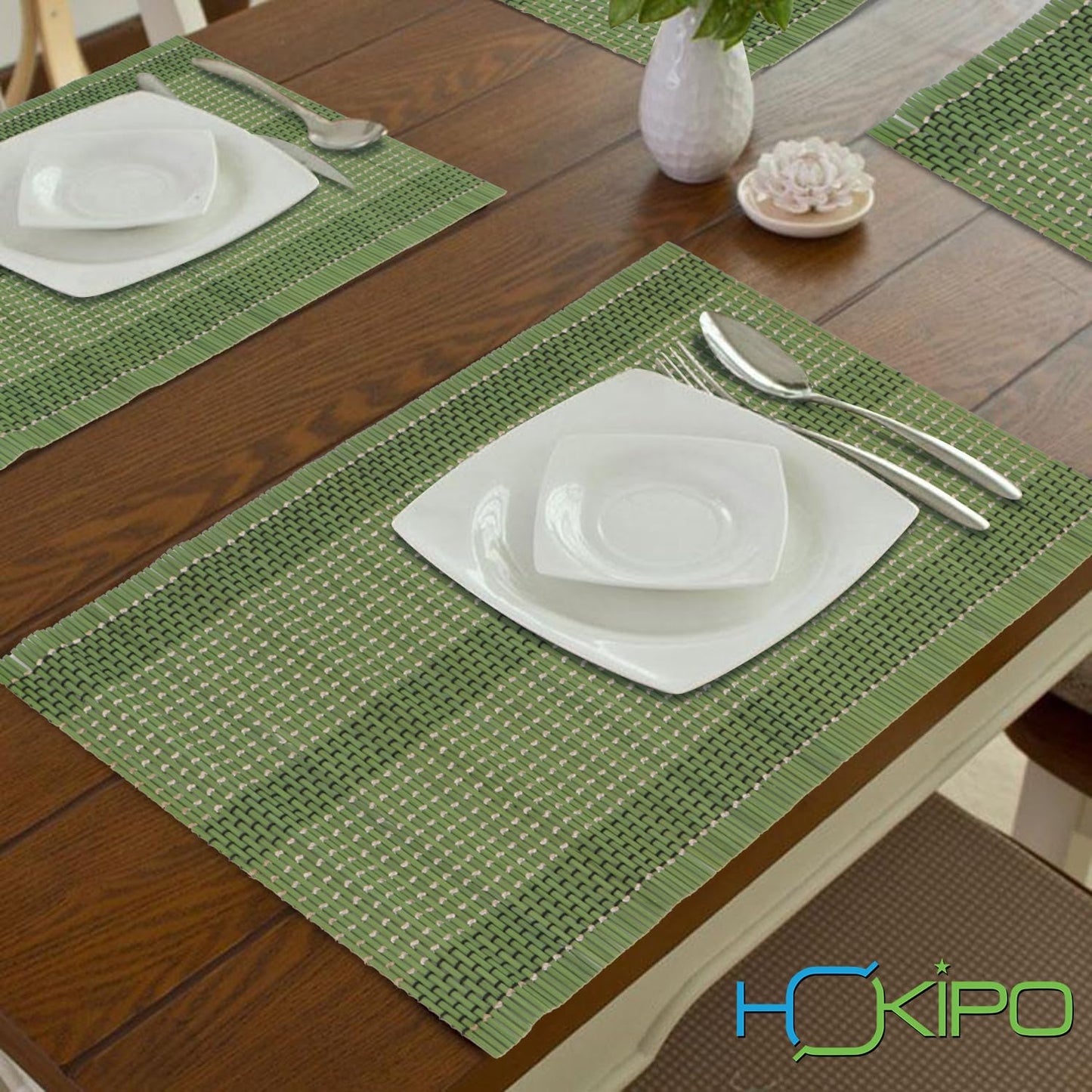 Reversible Bamboo Table Mats For Dining Table, Set Of 6 Placemats, 45X30 Cm, Green