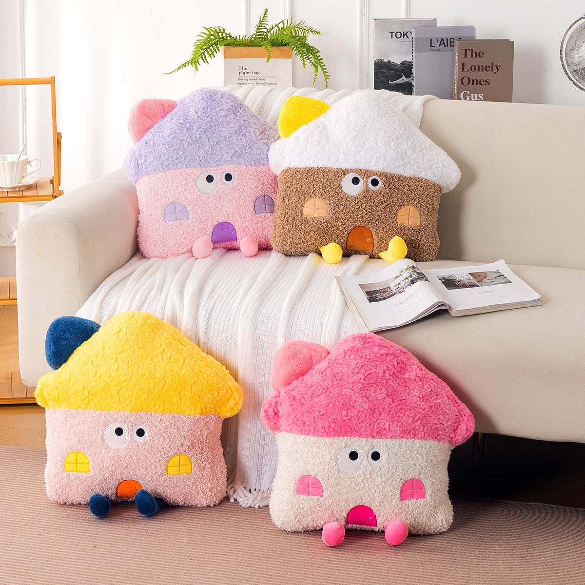 HOKIPO Mushroom House Shaped Cushion for Kids Room & Nursery, 46 cm, Brown