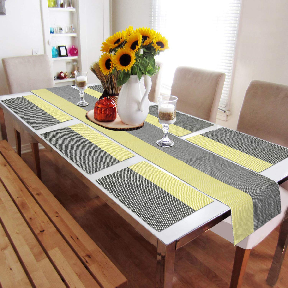 Ribbed Cotton Heat Resistant Dining Table Mat, Yellow & Grey