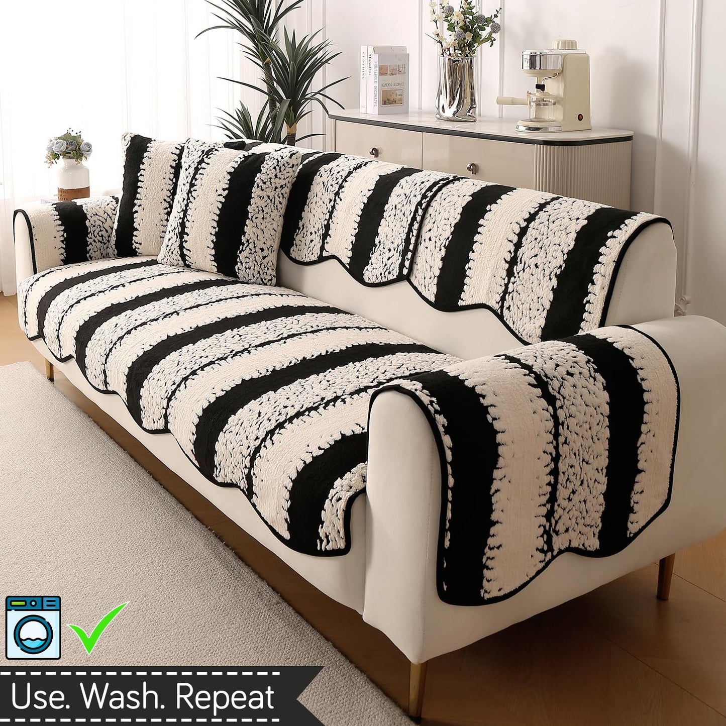 Luxury Wavy Anti Slip Plush Sofa Cover Mat, Black