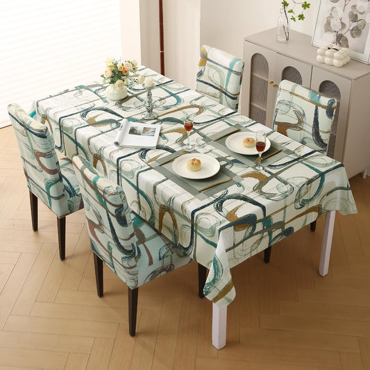 Elastic Dining Chair Covers with Matching Tablecloth, Parchement Beige Abstract Art