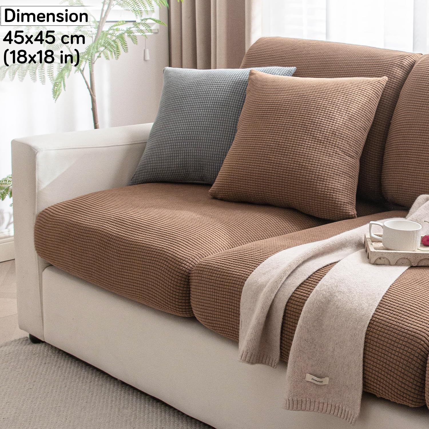 Brown Colour Grid Texture Jacquard Sofa Cushion Cover