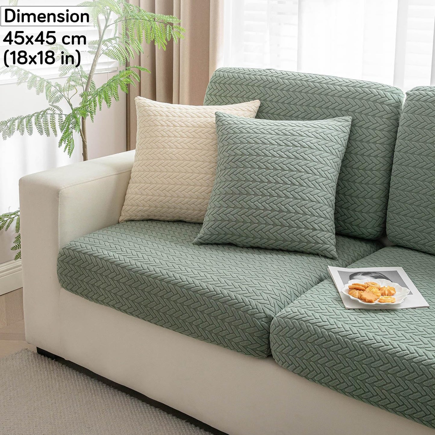 Green Colour Grid Texture Jacquard Sofa Cushion Cover
