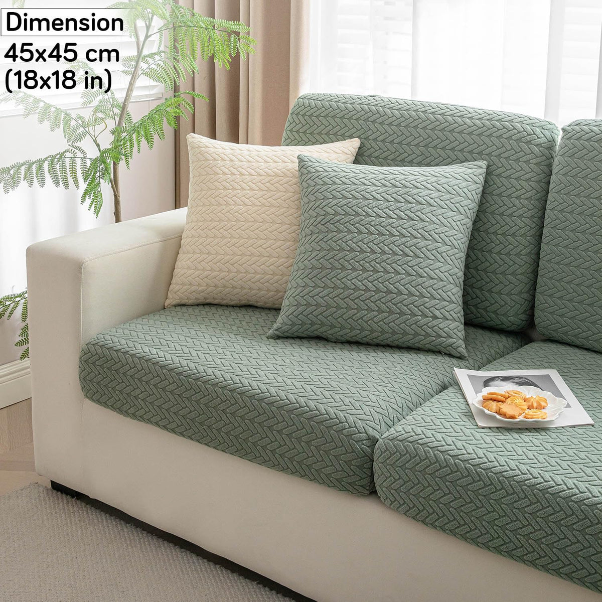 Green Colour Grid Texture Jacquard Sofa Cushion Cover