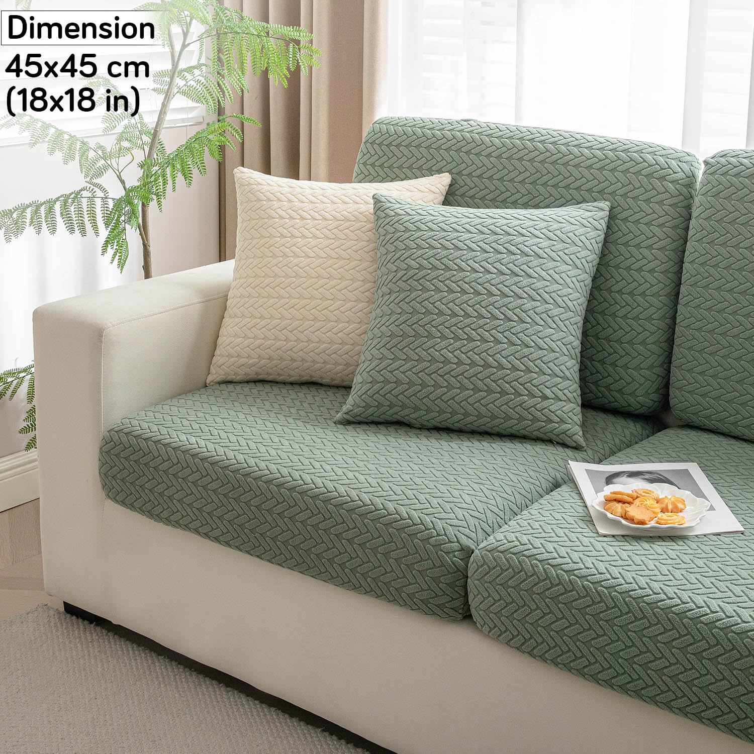 Green Colour Grid Texture Jacquard Sofa Cushion Cover
