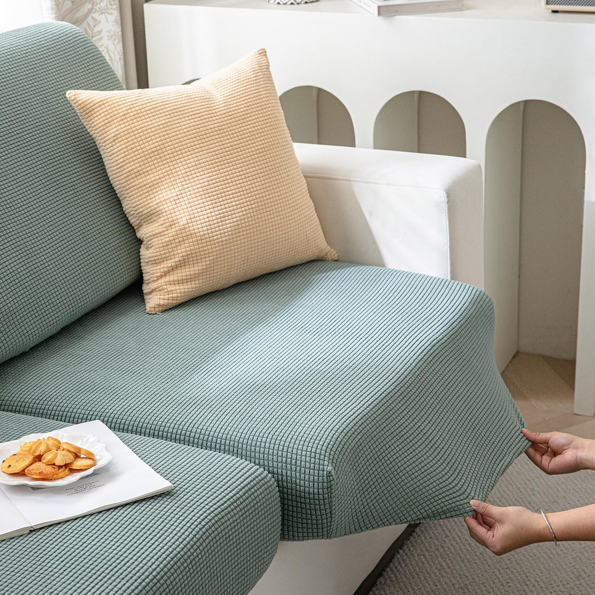 Stretchable Thick Jacquard Textured Seat Cushion Cover for 1/2/3 Seaters / Pieces for Sofa, Green