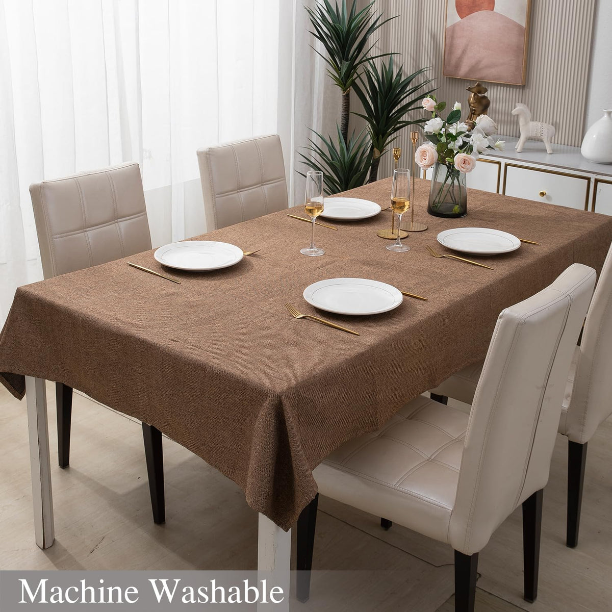 Buy Brown Colour Machine Washable Poly Jute Tablecloth | HOKIPO