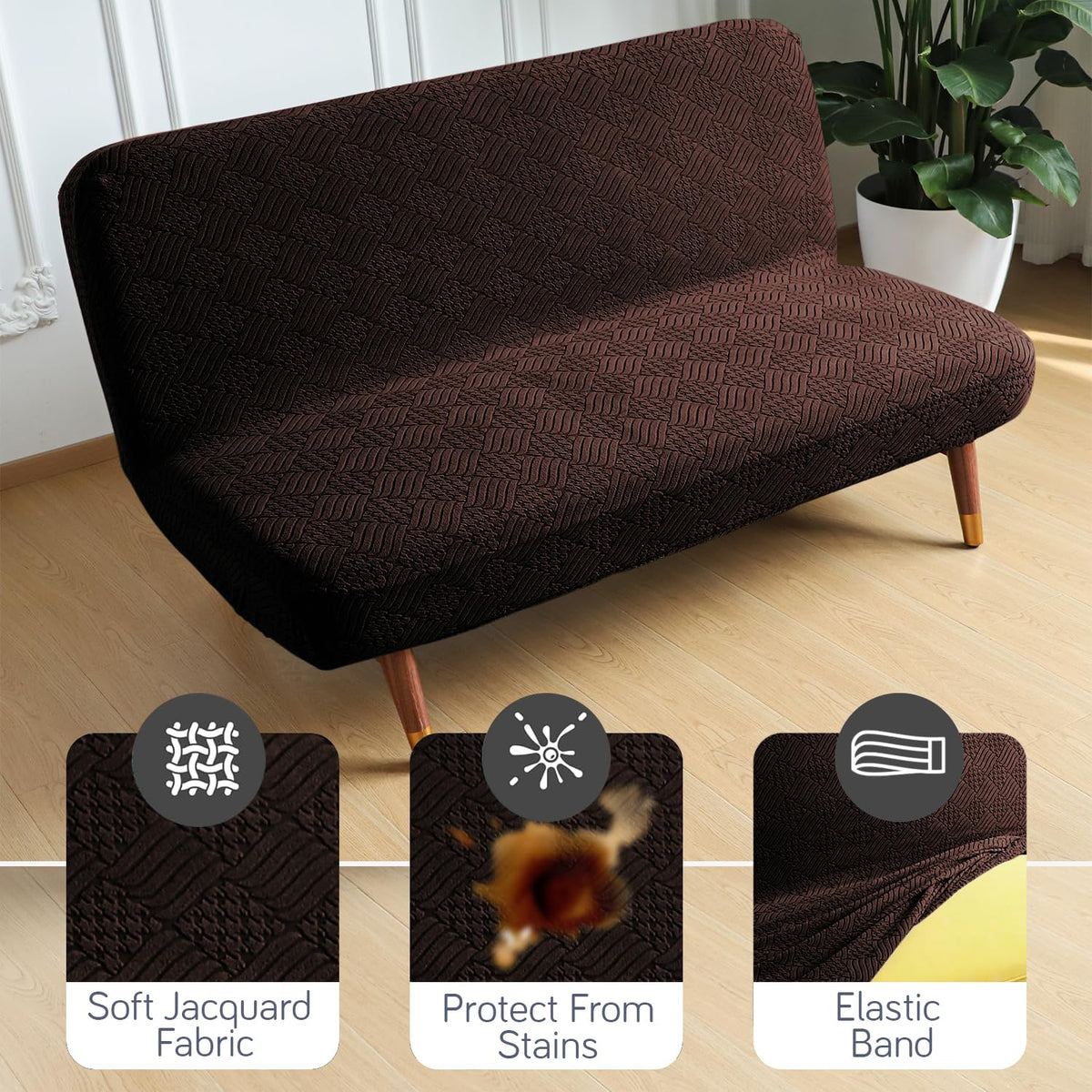 Buy Brown Colour Soft Jacquard Elastic Armless Sofa Cover | HOKIPO