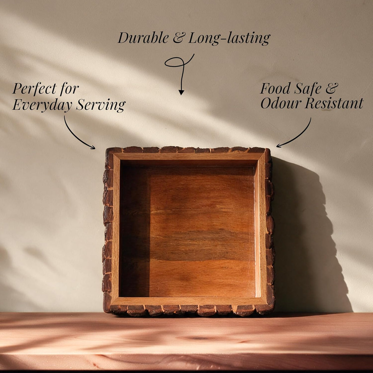 HOKIPO Arbor Mango Wood Serving Tray with Bark Edge, Square 25 x 25 cm - image 4