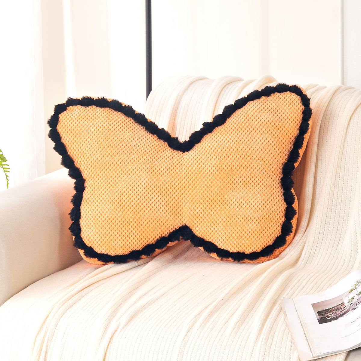HOKIPO Butterfly Shaped Cushion for Kids Room & Sofa, 53x33 cm, Orange