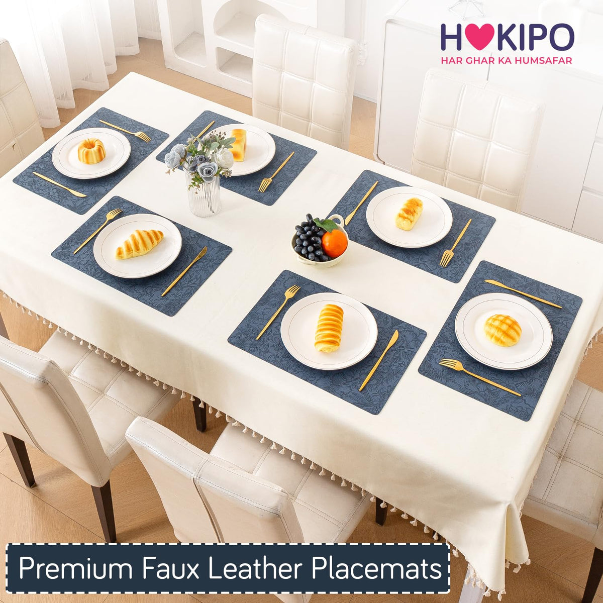 Hibiscus Bloom Washable Leather Mats for Dining Table - Navy Blue