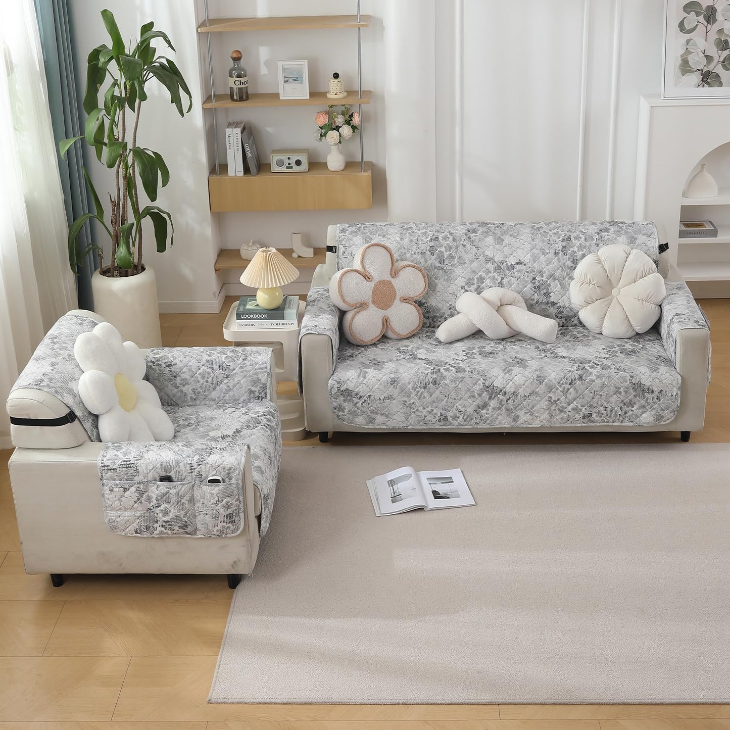 Quilted Waterproof Sofa Cover Mat with Pockets on Armrest Cover - Abstract Pale Grey