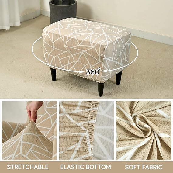 Stretchable 140 GSM Footstool Cover, Beige Abstract Geometry