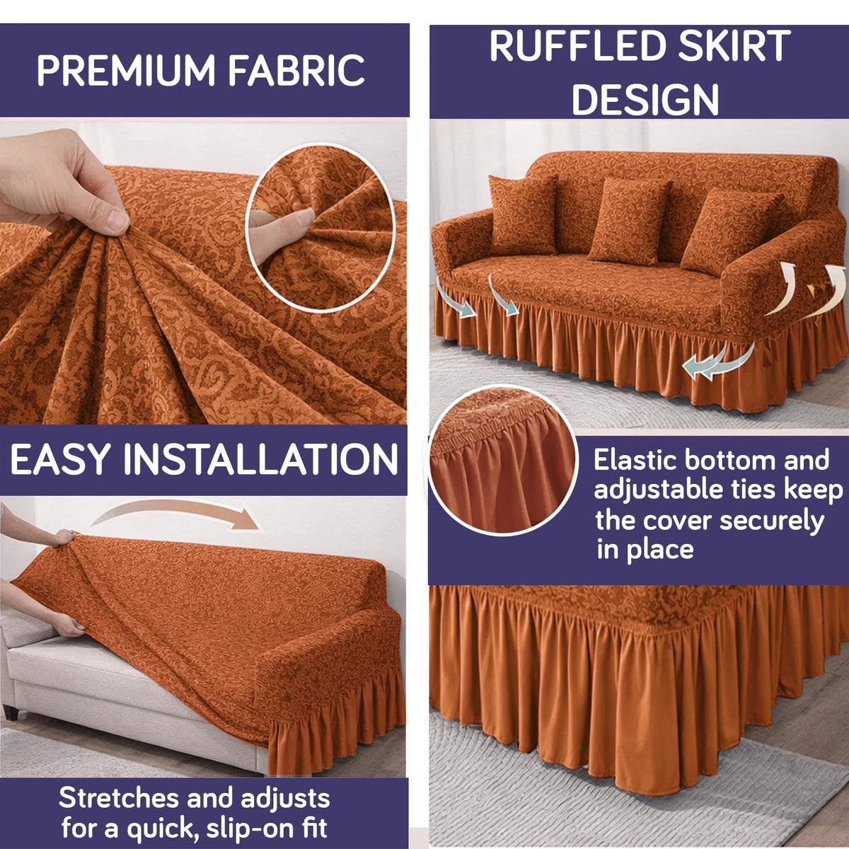 Elastic Stretchable Designer Woven Jacquard Sofa Cover with Frill, Caramel Brown