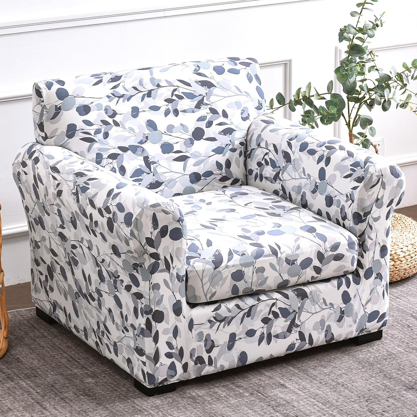 Printed Stretchable Sofa Slipcover with 1/2/3 Pc Separate Seat Cushion Cover for each 1/2/3 Seater,Frost Blue Foilage