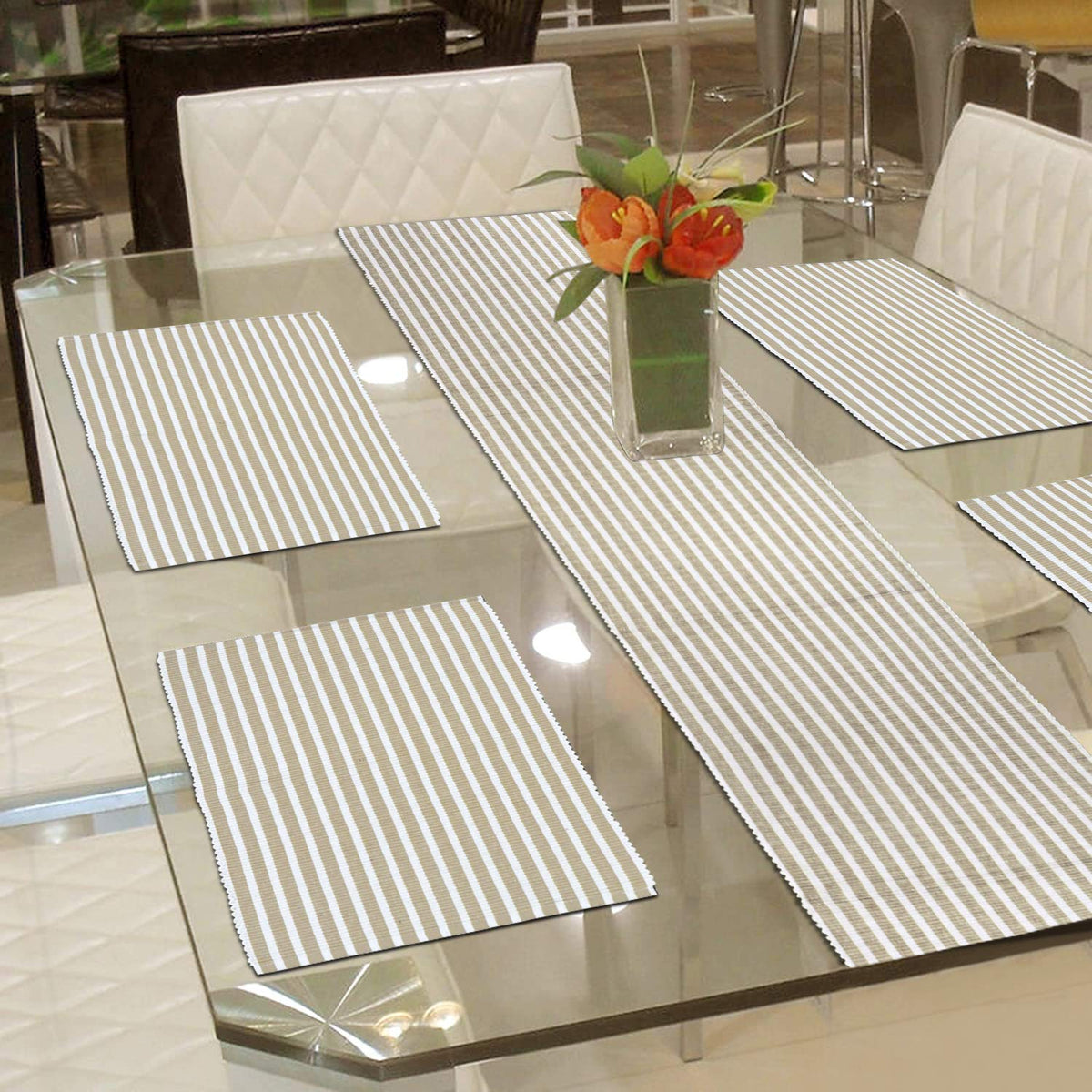 Ribbed Cotton Heat Resistant Dining Table Mat, Brown Striped