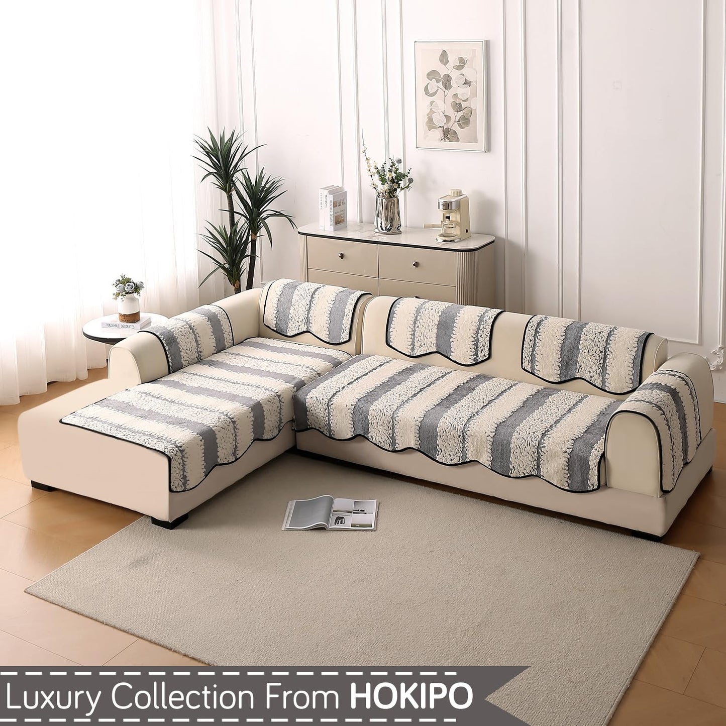 Luxury Wavy Mat with Anti Slip Backing  L Shape Sofa Cover Seat Mat - Pewter Grey