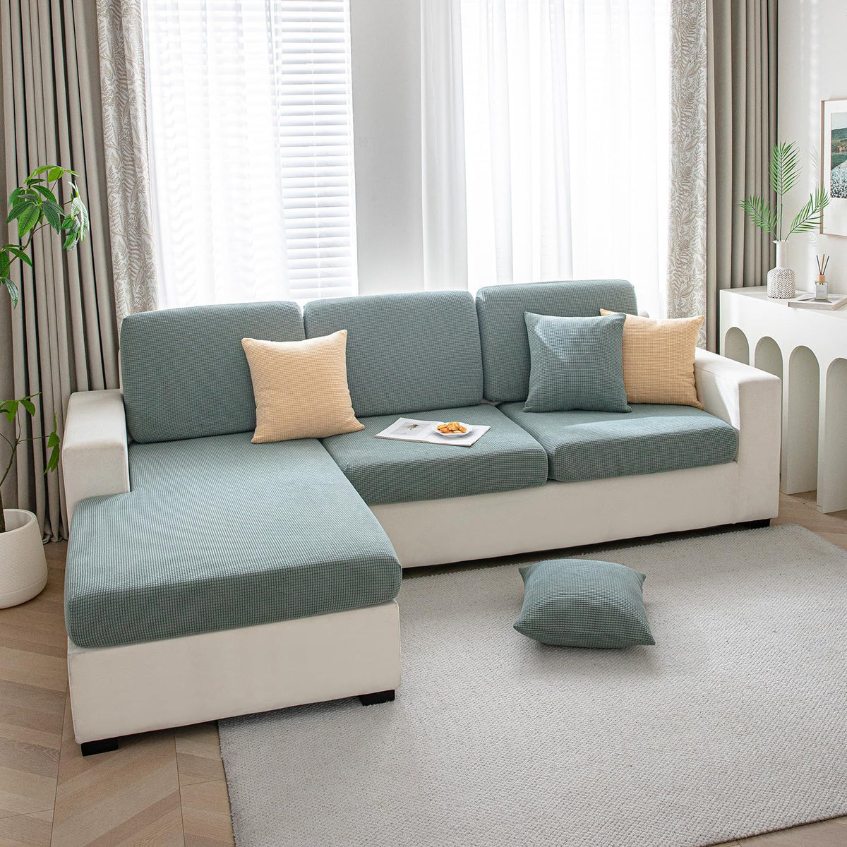 Stretchable Thick Jacquard Textured Seat Cushion Cover for 1/2/3 Seaters / Pieces for Sofa, Green