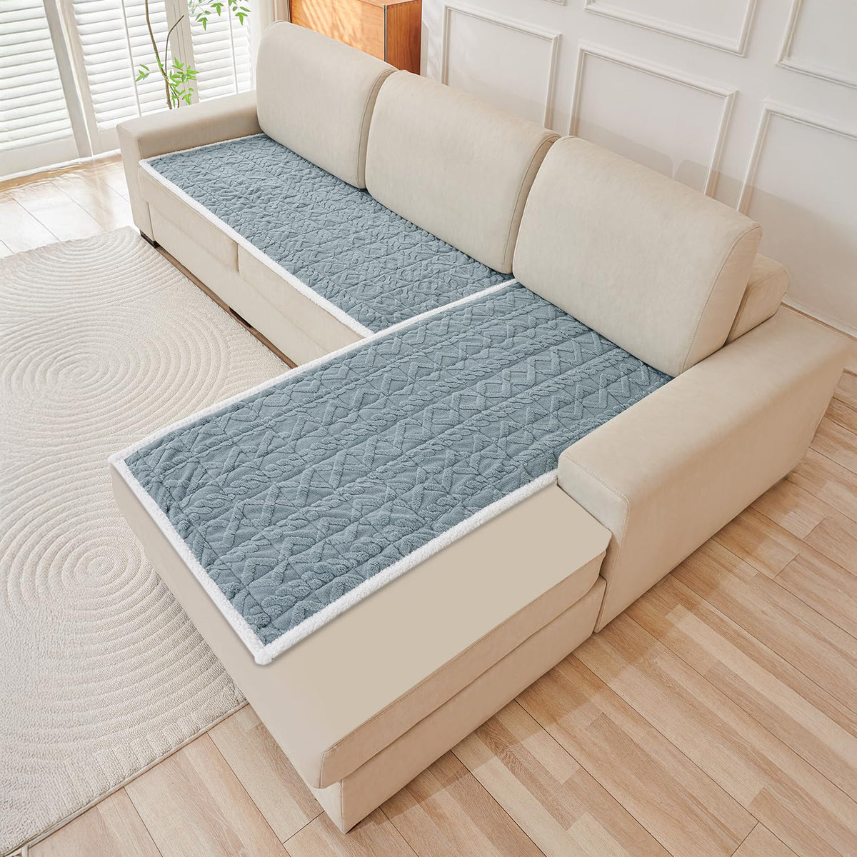 Powder Blue Colour Italian Caelora Luxury Jacquard Plush L Shape Sofa Cover | HOKIPO