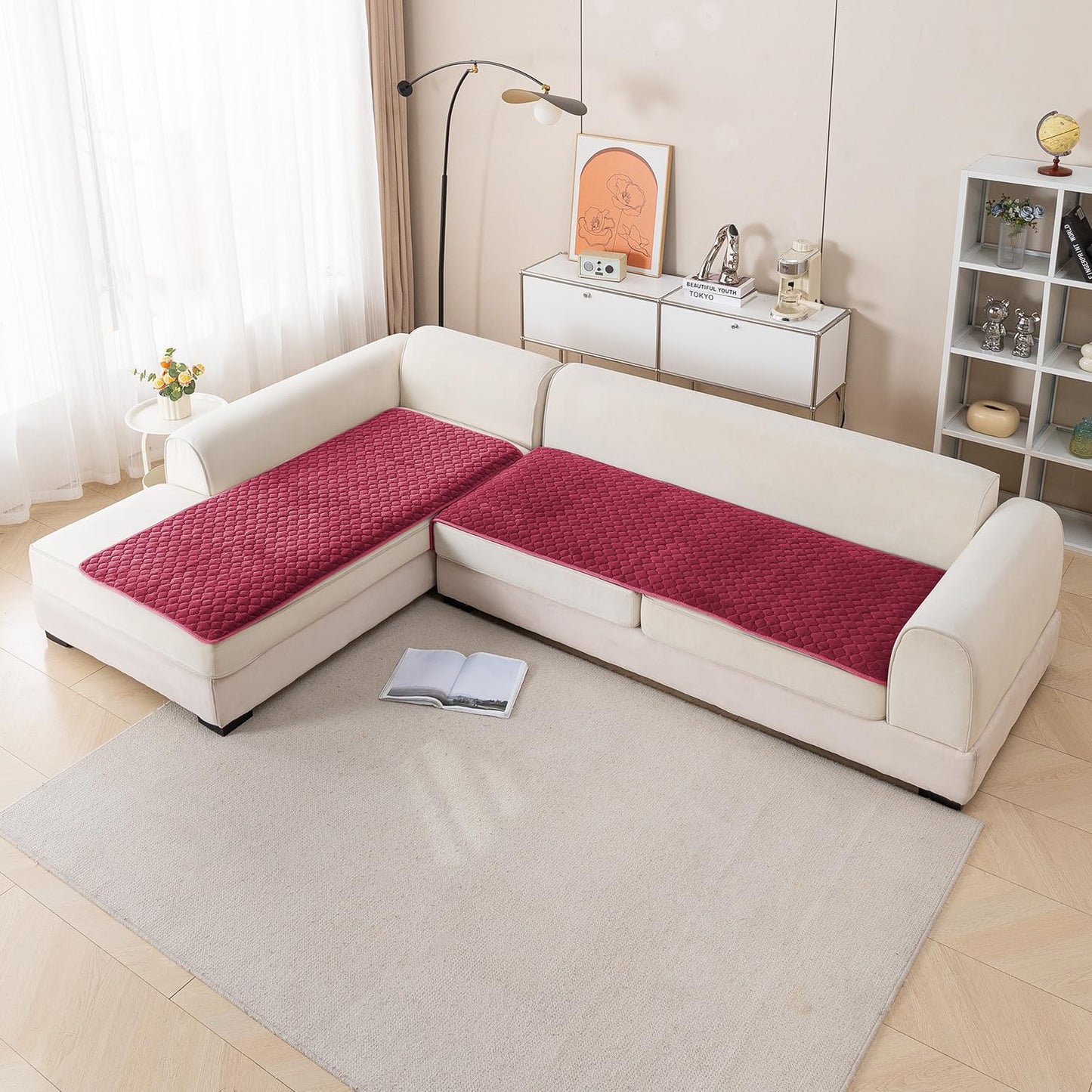 Diamond Plush Premium Quilted L Shape Sofa Cover Seat Mat, Wine