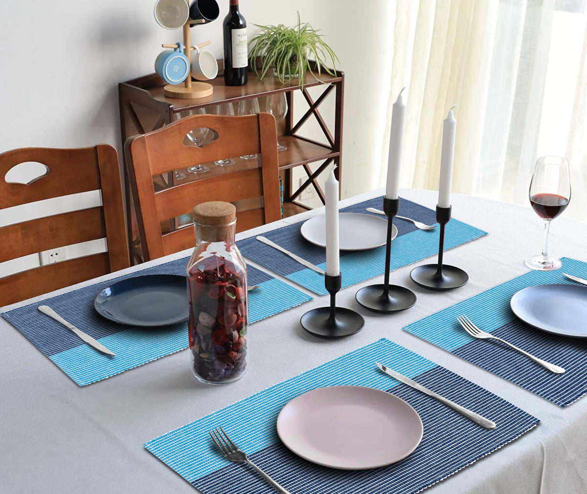 Ribbed Cotton Heat Resistant Dining Table Mat, Sky Blue