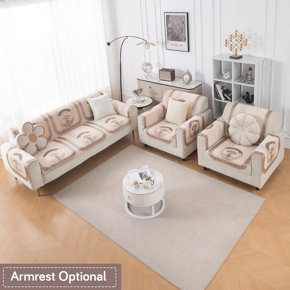 Royal Aangan Premium Chenille Jacquard Sofa Cover 5 Seater Set 3+1+1 Sofa Cover for Seat & Back, Noor Beige
