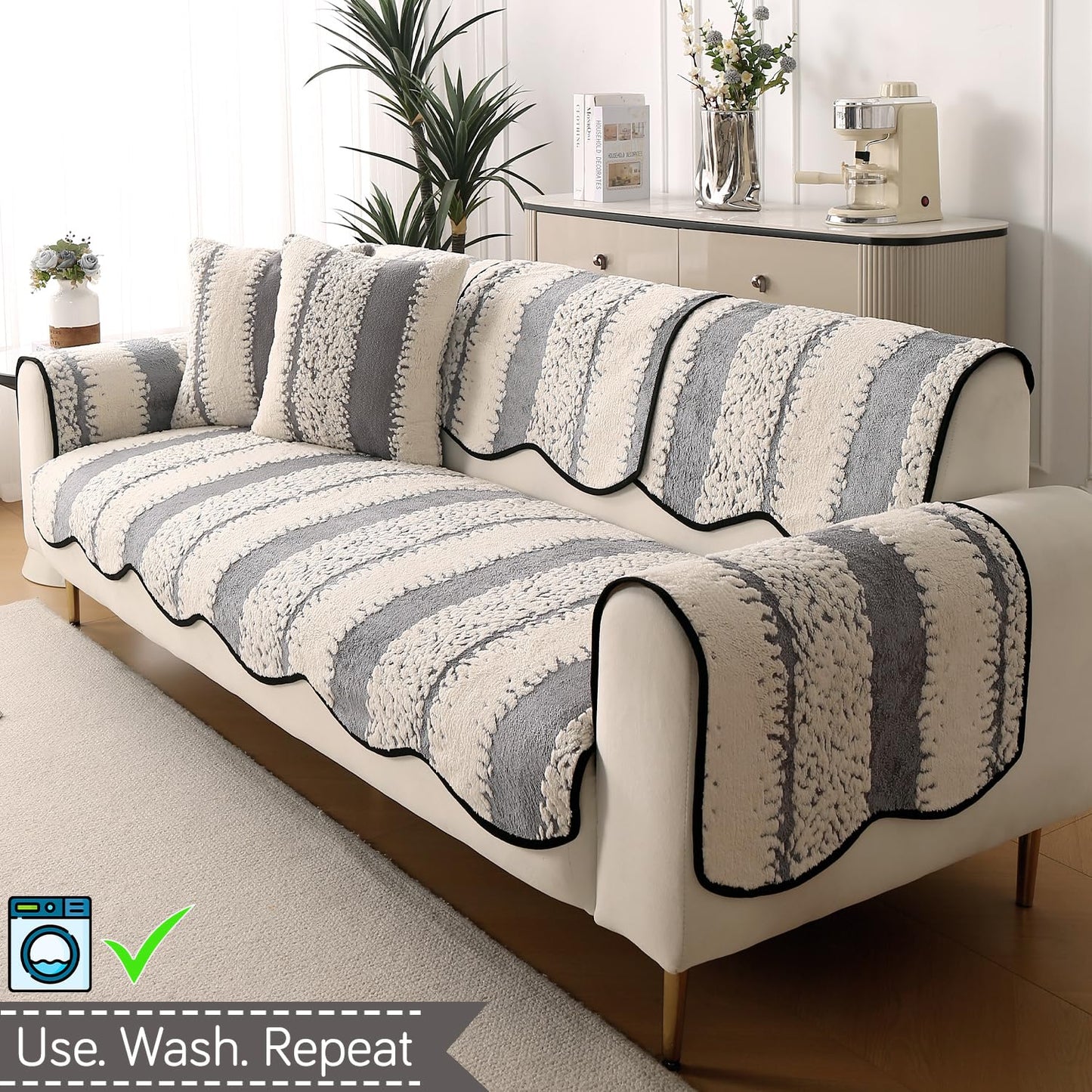 Luxury Wavy Anti Slip Plush Sofa Cover Mat, Pewter Grey