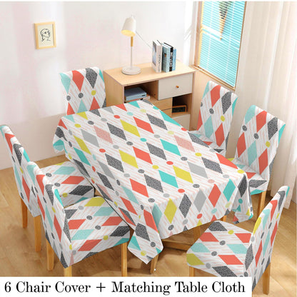 Elastic Dining Chair Covers Set of 4/6 with Matching Tablecloth, Rhombus Multicolor