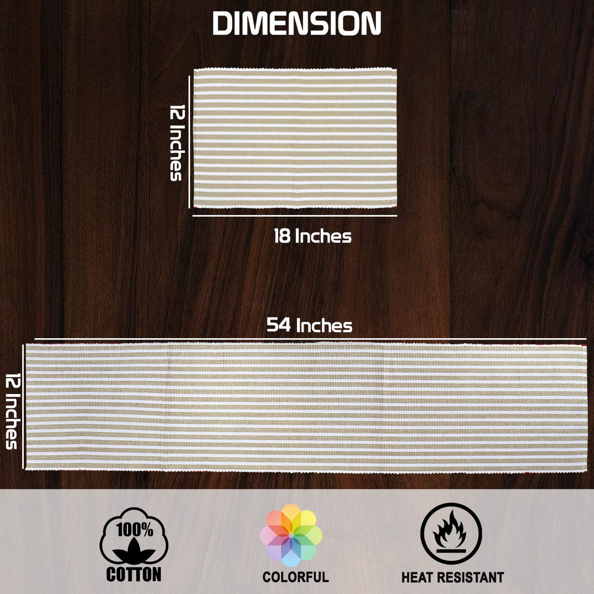 Ribbed Cotton Heat Resistant Dining Table Mat, Brown Striped