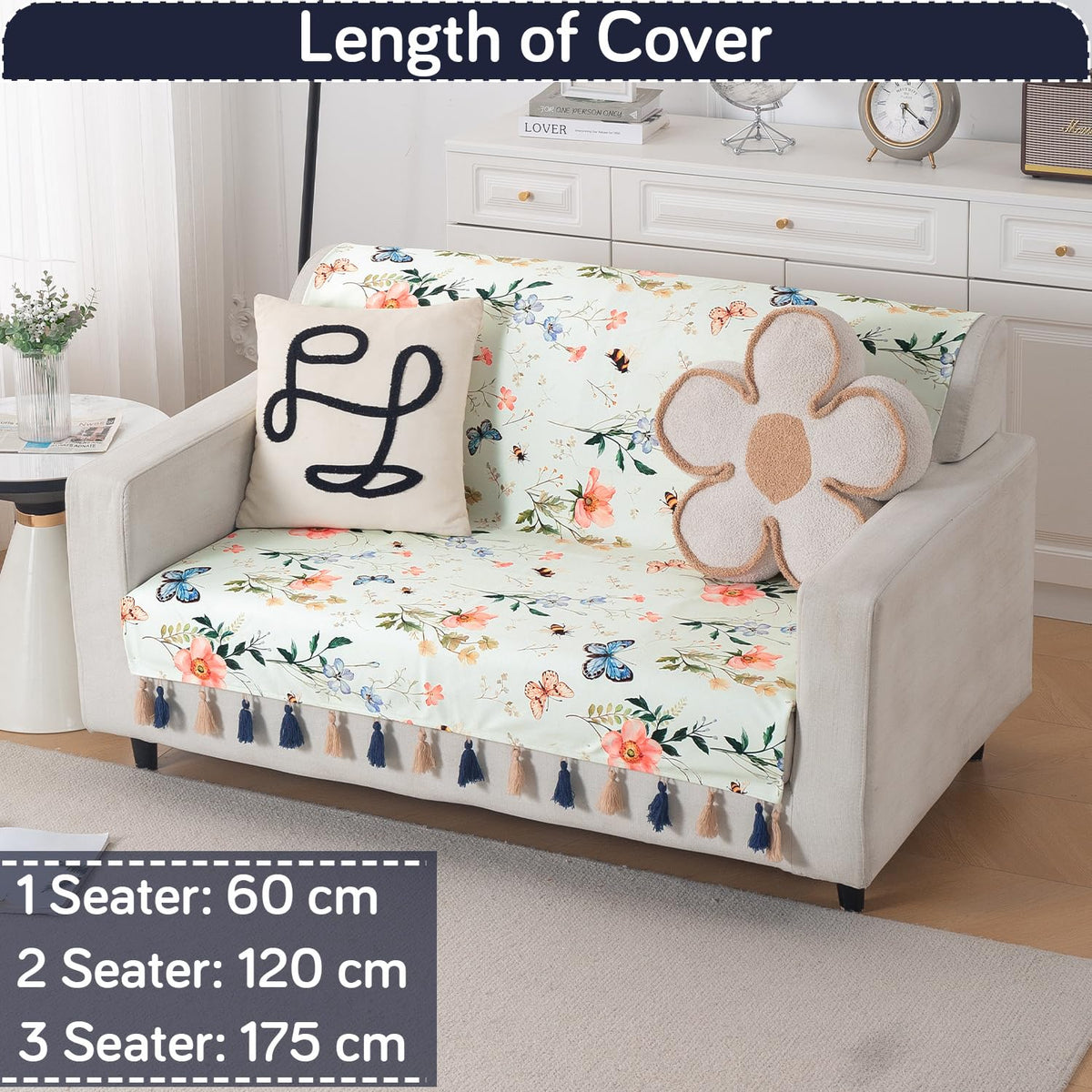 'Whispers of Nature' Series Holland Velvet Sofa Cover with Tassel, Pastel Butterfly Meadow