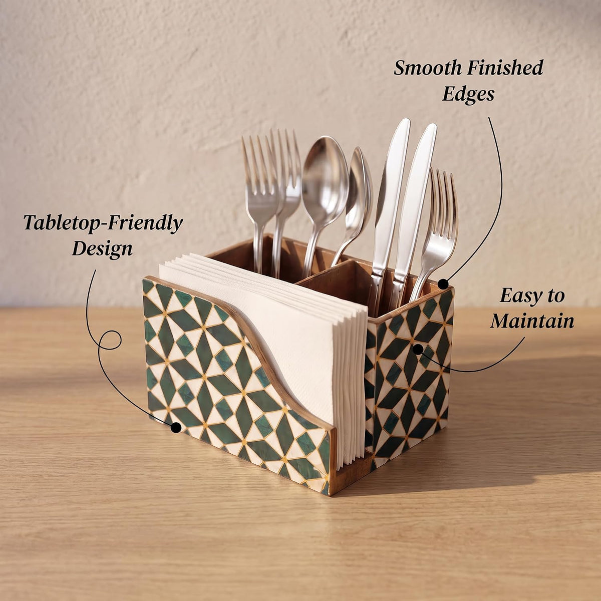 HOKIPO Cutlery Holder with Napkin Stand, Engineered Wood, Moroccan Prism - image 3