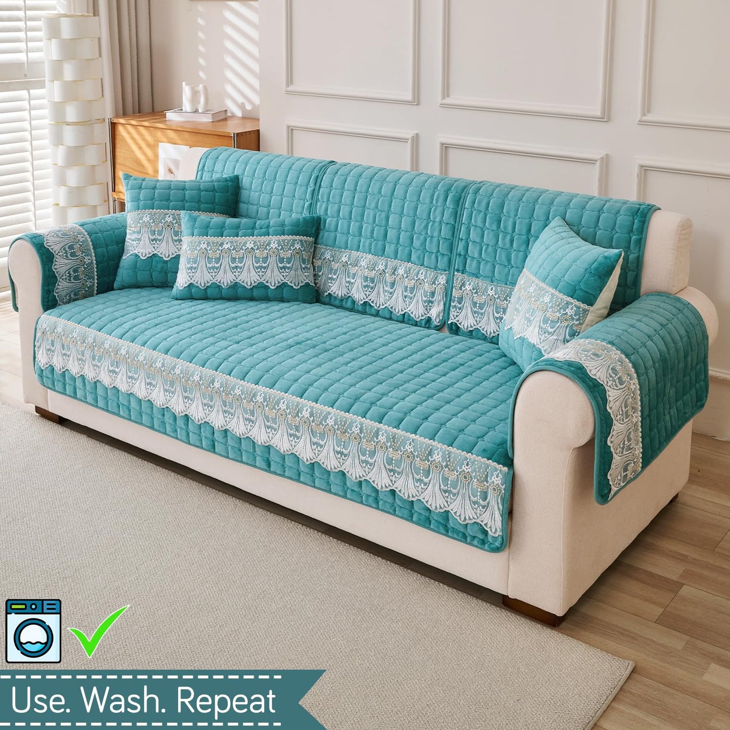 BelleLace Series Imperial Milk Velvet Sofa Cover Mat with Lace Design - Teal