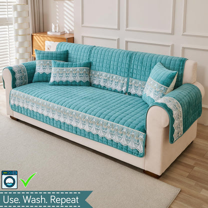 BelleLace Series Imperial Milk Velvet Sofa Cover Mat with Lace Design - Teal