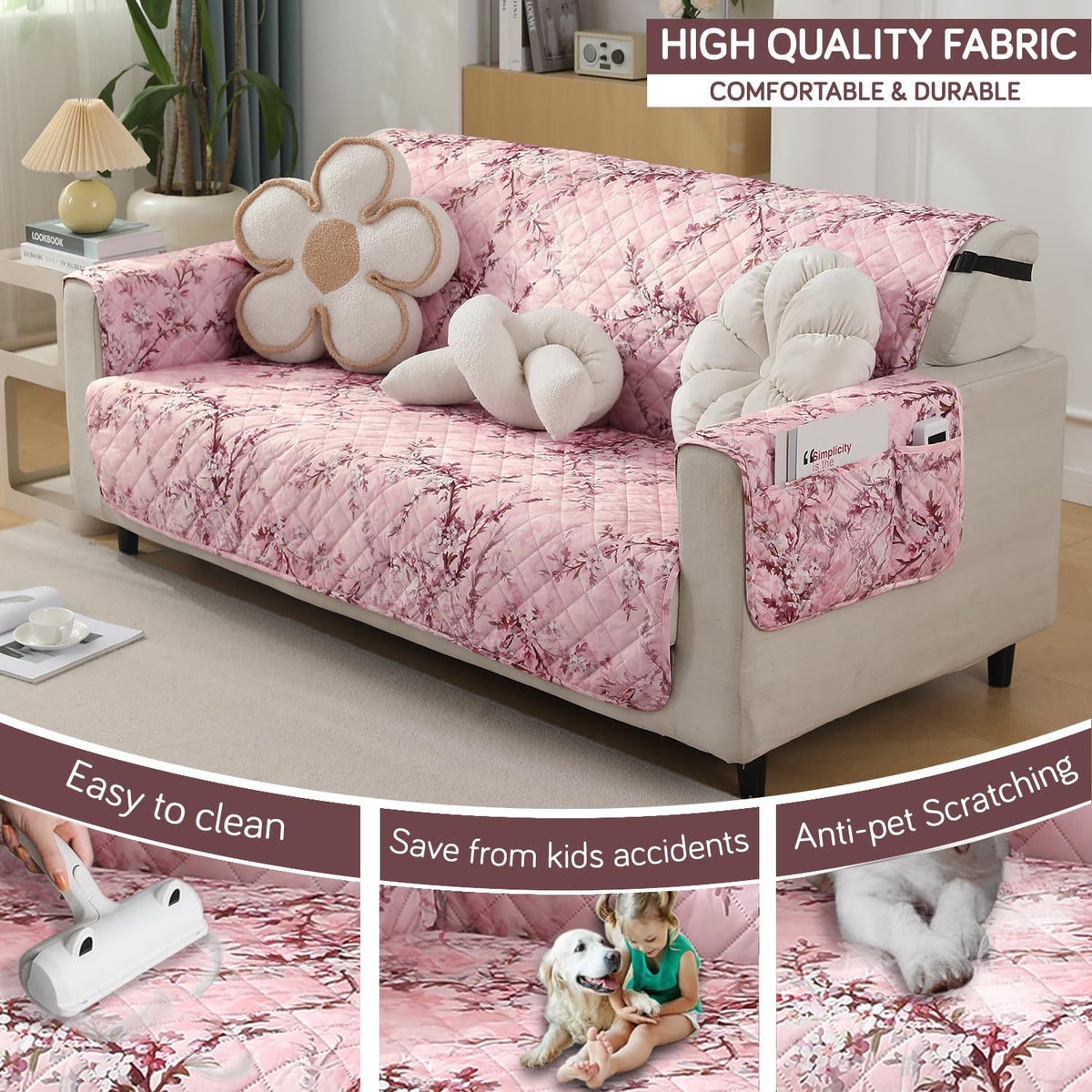 Blossom Flower Pink print Comfortable & durable quilted waterproof sofa mat | Hokipo